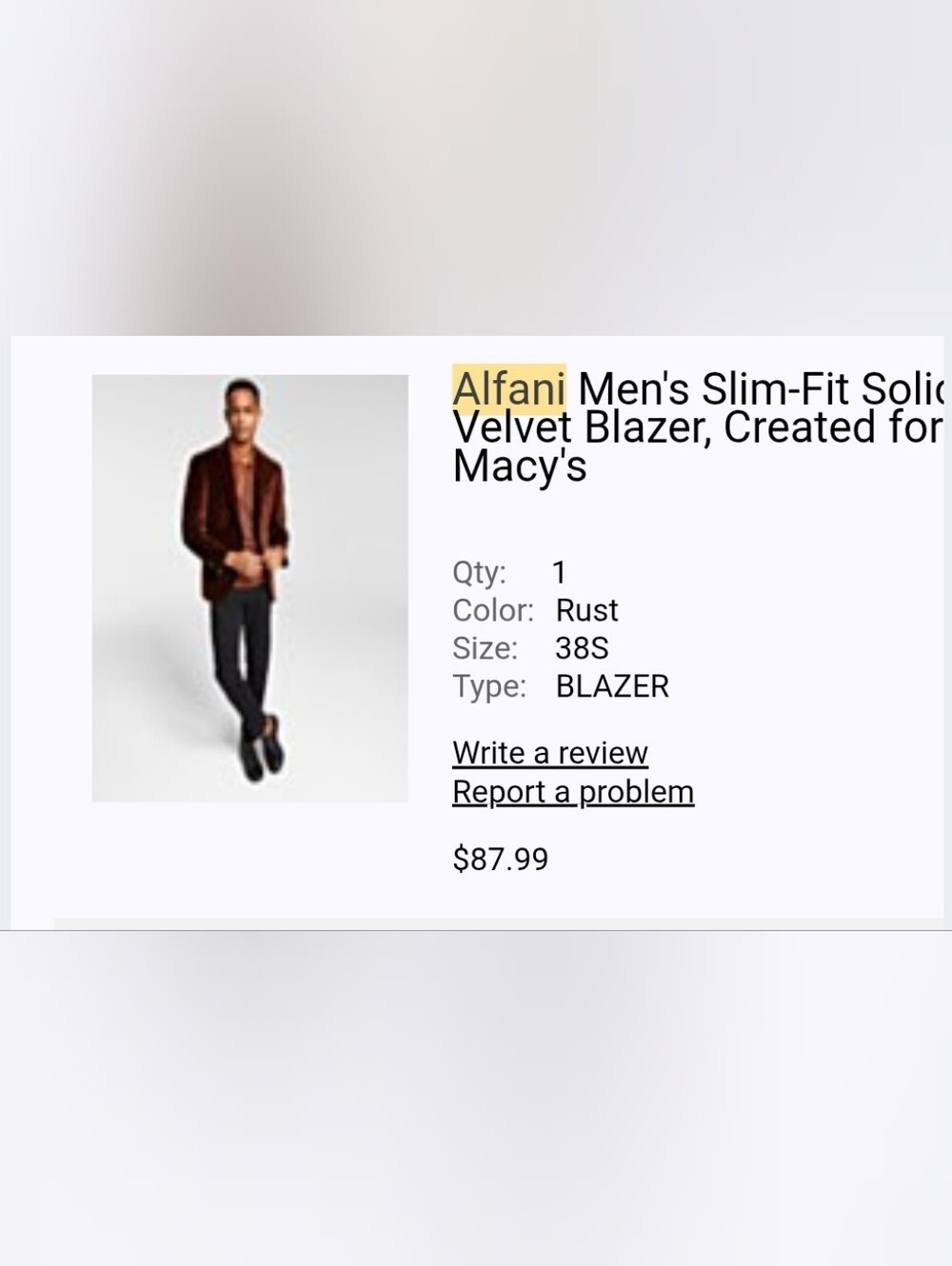 Alfani Men's Velvet Sport Coat in Rust Brown